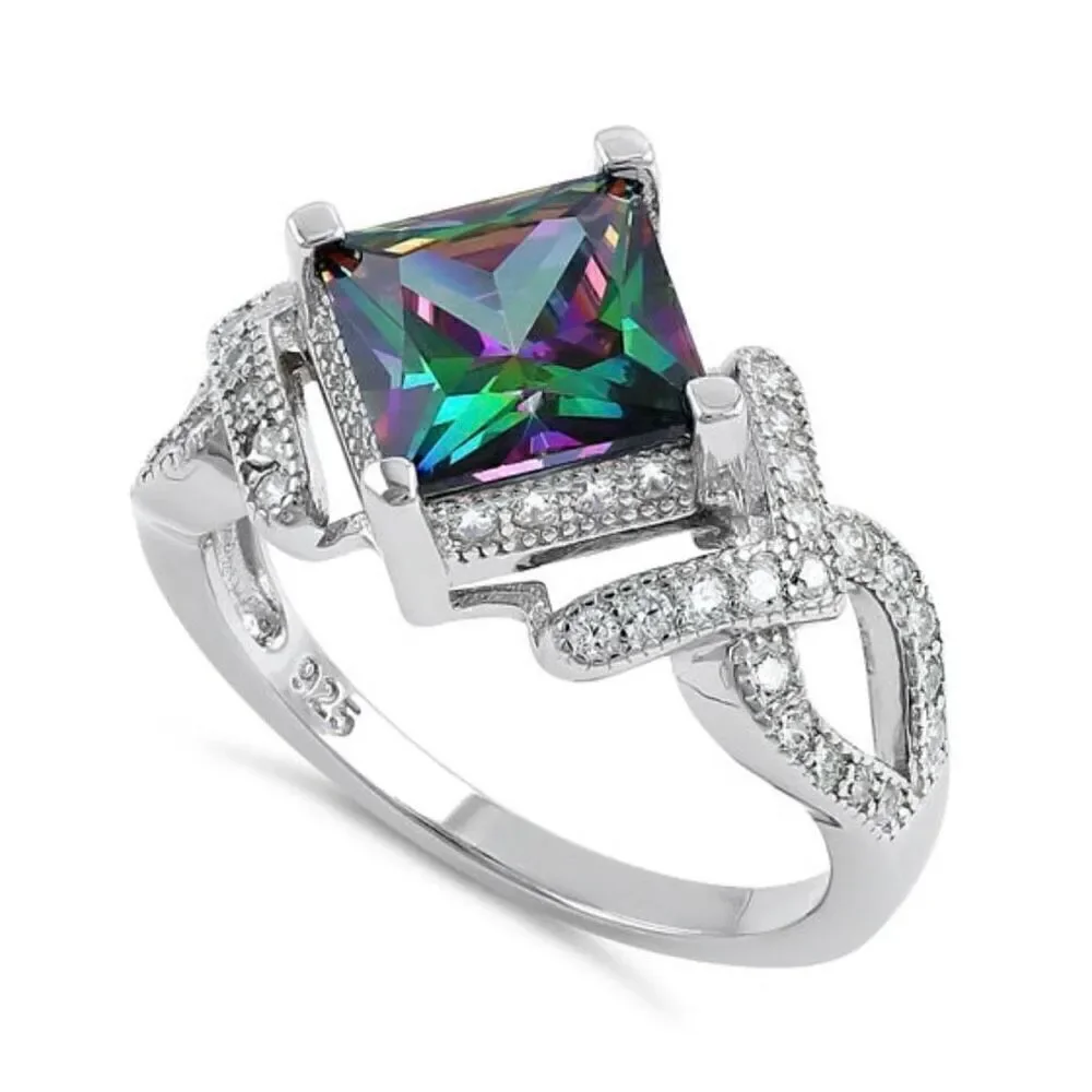 New Sterling Silver Large Mystic Topaz Princess Pave Ring